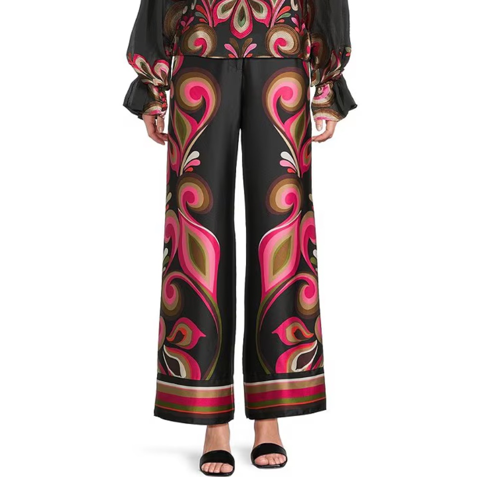 Trina Turk Coordinating Verity Satin Georgette Border Print Wideleg Drapey Pants